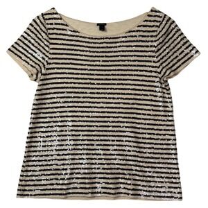J‎ Crew Womens Size Small Ivory Black Sequin Stripe Top Short Sleeve Party Glam